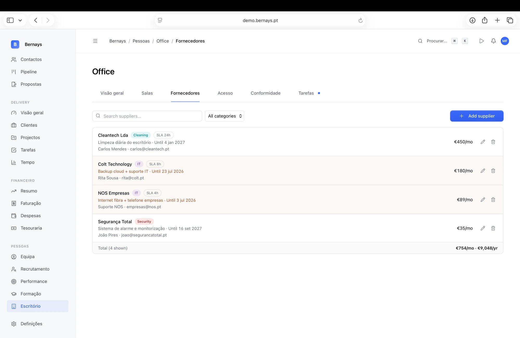 Módulo de Escritório do Bernays — gestão de fornecedores e operações de back-office
