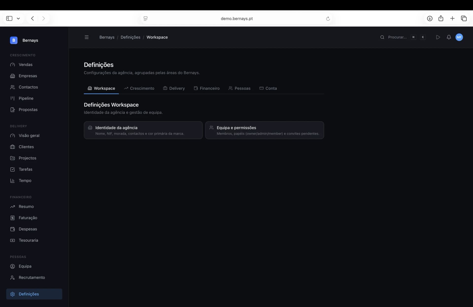 Definições do Bernays organizadas por módulo com Workspace, Crescimento, Delivery e Financeiro
